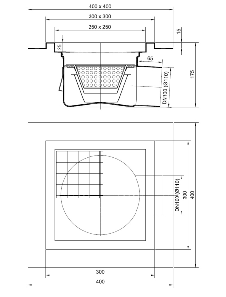 Skizze Bodenablauf Edelstahl 300 x 300mm Ablauf DN 110 waagerecht mit Flansch